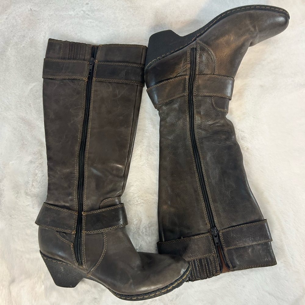 BOC Born Brown Leather Mid Calf Boots Buckle Wedge Women’s 8 - Picture 4 of 8